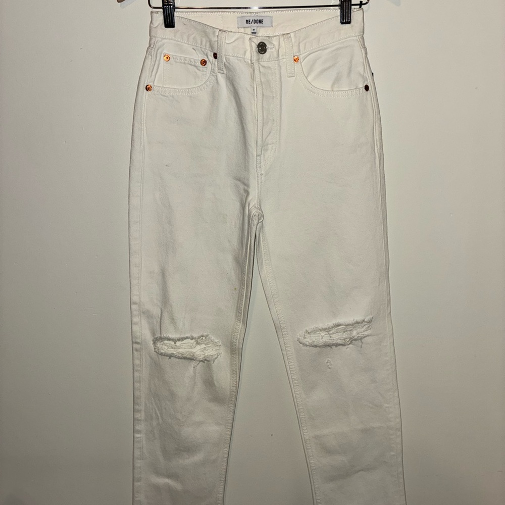 Re/Done Off-White Distressed Knee Straight Jeans